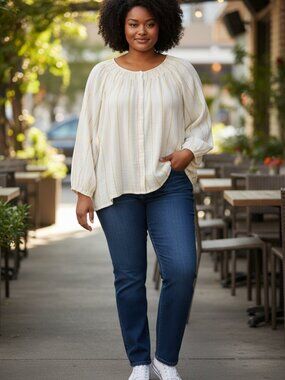 Ava and Viv BOHO Smocked striped long sleeve gauze blouse 3X